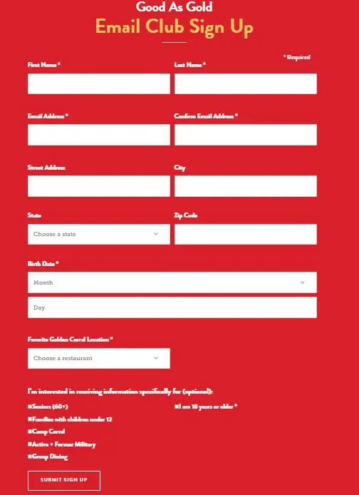 Golden Corral Good as Gold Club Sign Up Form